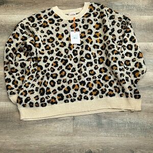 Knox Rose Woman’s Leopard Print Knit Sweater Crew Neck Stretch Knit Long Sleeve